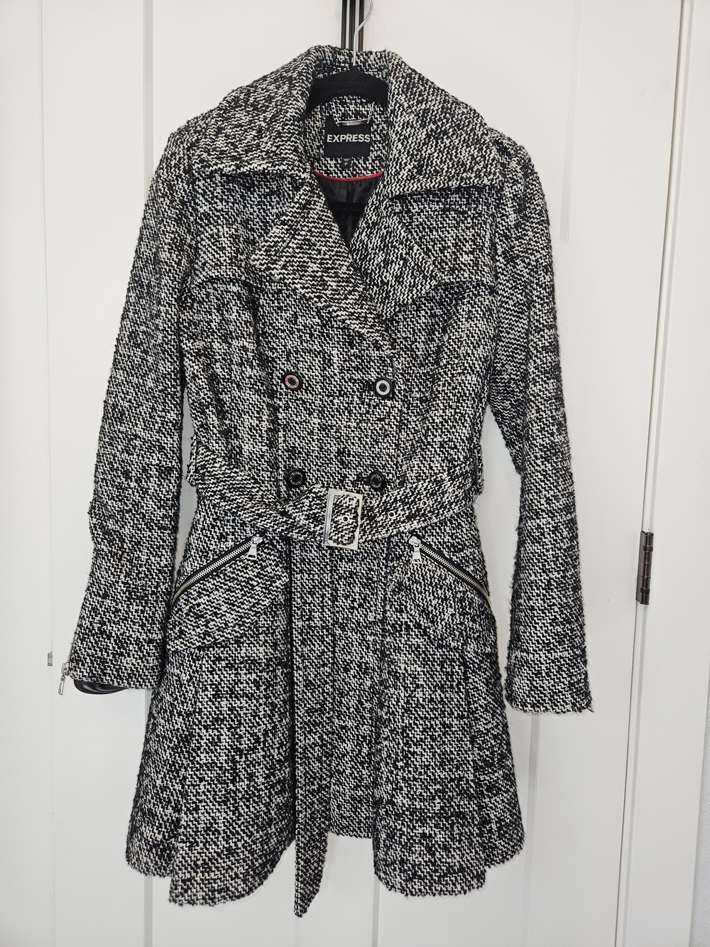 Express Black & White Long Tweed Belted Peacoat